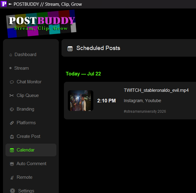 PostBuddy Calendar — upcoming scheduled posts at a glance