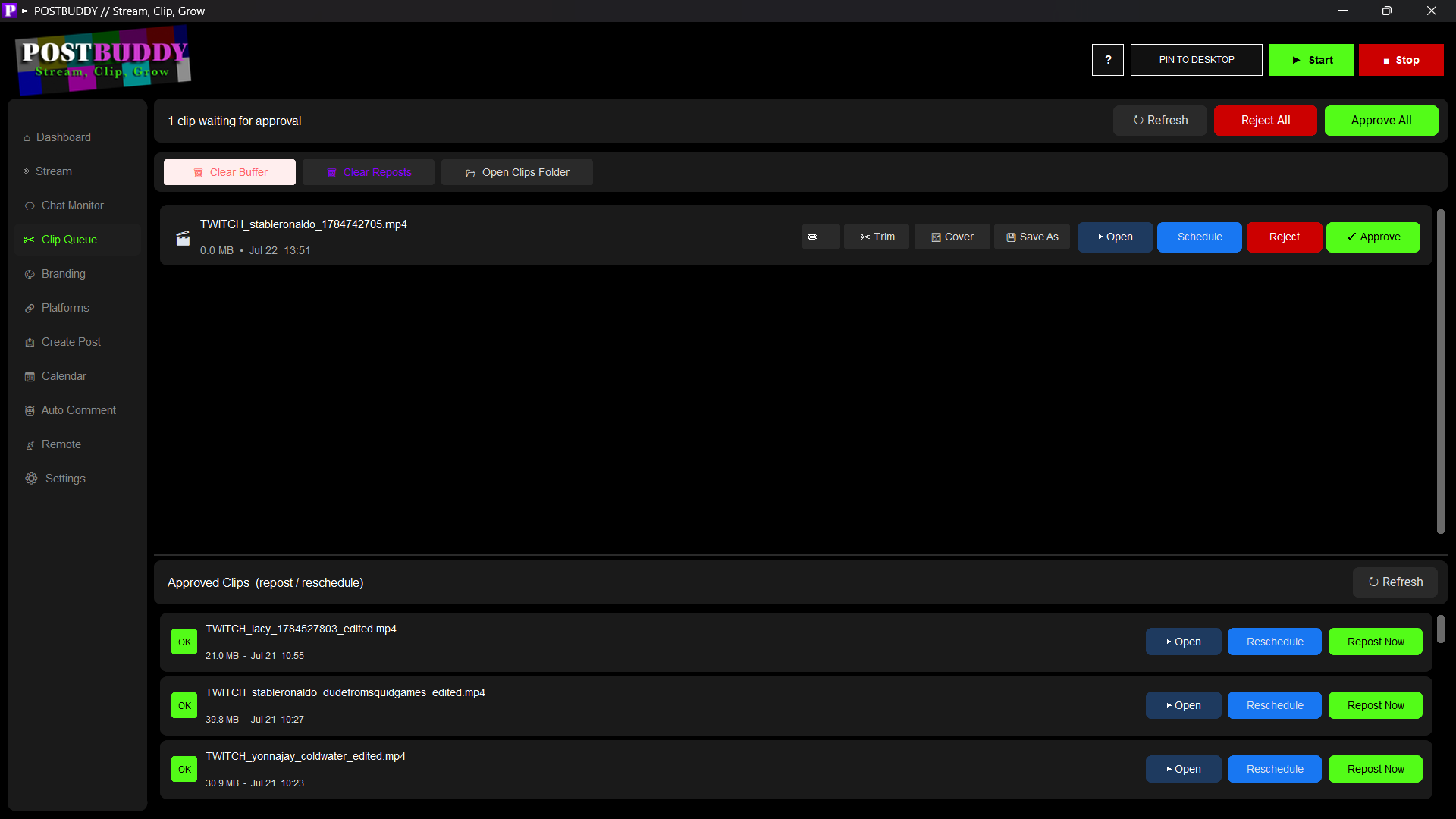 PostBuddy Clip Queue — review, trim, cover, and approve captured clips