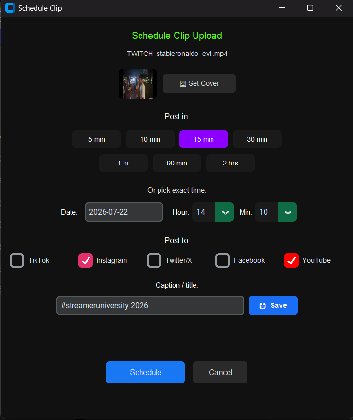 PostBuddy Schedule Clip dialog — pick a time and platforms to post to